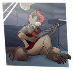 absurd_res anthro anzu_(anzuviusraccoonus) bed black_nose bottomless bottomless_anthro bottomless_male cheek_tuft claws clothed clothing facial_tuft fluffy fluffy_tail fur furniture grey_body grey_fur guitar hair hi_res holding_object inner_ear_fluff jacket kapri keyboard_instrument leather leather_clothing leather_jacket leather_topwear male mammal musical_instrument narrowed_eyes neck_tuft pawpads pillow playing_guitar playing_music plucked_string_instrument procyonid raccoon red_hair sitting solo string_instrument tail toe_claws topwear tuft whiskers