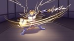 action_pose action_scene anthro artemi_(temptations_ballad) bird_dog canid canine canis domestic_dog electricity female fight fight_scene golden_retriever hi_res hunting_dog lightning magic mammal motion_lines paladin pose retriever shirokoi solo temptations_ballad_(visual_novel)