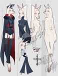 2020 anthro cape clothed clothing cross cross_necklace featureless_crotch female grey_eyes hair hi_res jewelry looking_at_viewer model_sheet mouth_closed multicolored_eyes necklace nude red_eyes shermugi simple_background solo two_tone_eyes uniform white_body white_hair