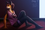 androidz anthro bottomless bottomwear breasts canid canine canis clothed clothing domestic_dog female fur gynomorph_(lore) hair hi_res legwear looking_back mammal mel_(androidz) shirt simple_background smile solo stockings tank_top thigh_highs topwear trans_(lore) trans_woman_(lore)