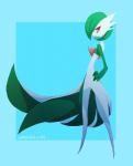 2013 blue_background eyelashes female gardevoir generation_3_pokemon green_body green_hair green_skin hair hand_on_hip long_legs nintendo not_furry pokemon pokemon_(species) pseudo_clothing red_eyes simple_background slim solo standing thin_calves thin_legs thin_thighs tinhan white_body white_skin