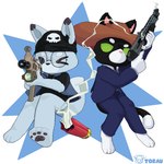 1:1 anthro assault_rifle canid canine clothing cowboy_hat domestic_cat duo eyewear felid feline felis fox glasses gun hat headgear headwear male mammal pixile_studios ranged_weapon rifle round_glasses scar-h shotgun spas-12 super_animal_royale torau weapon