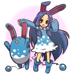 1:1 alternative_fashion animal_humanoid azumarill blue_hair clothing cosplay dress duo female feral generation_2_pokemon hair hitec human humanoid j-fashion lagomorph lolita_(fashion) long_hair mammal nintendo pokemon pokemon_(species) simple_background standing white_background young