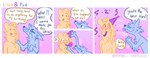 4_panel_comic anthro arm_tuft birthday blep blue_body blue_fur blush blush_lines bodily_fluids border canid canine cheek_tuft chest_tuft clothing confetti dialogue dialogue_box duo elbow_tuft english_text facial_tuft felid female fox fur half-closed_eyes hat headgear headwear heart_symbol hi_res lion love luckfoxo33 male male/female mammal narrowed_eyes neck_tuft open_mouth pantherine party_hat party_horn purple_background romantic romantic_couple simple_background smile smirk smug smug_face sound_effects tatum_koenig tears teary_eyes text tolng tongue tongue_out trans_(lore) trans_man_(lore) trans_woman_(lore) tuft white_border wide_eyed yellow_body yellow_fur