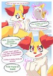 2023 animal_genitalia anthro anus balls braixen canid canine comic dialogue duo ellie_the_braixen english_text feral gameplay_mechanics generation_6_pokemon generation_8_pokemon genitals hi_res inner_ear_fluff lipsticking male male/male mammal nikkibunn nintendo penis penis_tip pokemon pokemon_(species) profanity psychic_powers sheath short_legs sparkles sparkling_eyes speech_bubble telekinesis text tuft yamper