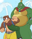 2024 5:6 absurd_res anthro backpack balls banjo-kazooie banjo_(banjo-kazooie) bear belt big_balls big_penis bloodshot_eyes blush bottomwear cape claws clothing crown donkey_kong_(series) duo genitals headgear hi_res imminent_sex kelsdungeon king_k._rool kremling male male/male mammal muscular nintendo penis rareware scalie sharp_teeth shorts simple_background size_difference smile smirk surprise surprised_expression teeth throbbing