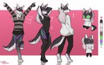 anthro bottomwear clothed clothing crossdressing ear_piercing femboy fur fur_markings green_the_wolf hair hi_res latex latex_clothing legwear leotard male mammal markings model_sheet muscular piercing skirt solo sonofan thigh_highs white_hair