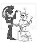 4:5 antennae_(anatomy) anthro armwear bedroom_eyes bikini bikini_bottom blep bottomwear bow_ribbon box bracelet breasts bulge chris_sutor clothed clothing collar container crop_top duo ear_piercing ear_ring elbow_gloves erection erection_under_clothing finger_on_penis foozle genitals gift gift_box gift_wrapped gloves gynomorph handwear hat headgear headwear hi_res hitachi_magic_wand holding_object hotpants intersex intersex/male jewelry lagomorph legwear leporid male mammal military_cap monochrome narrowed_eyes nipples open_bottomwear open_clothing partially_clothed penis piercing rabbit ring_piercing seductive sex_toy shirt shorts shy studded_bracelet studded_collar studded_jewelry studs suggestive_look suggestive_pose swimwear tail tail_tuft thigh_highs tongue tongue_out topless topwear tuft two-piece_swimsuit vesairus vibrator wand_vibrator