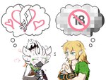 anthro avian blush bodily_fluids breath_of_the_wild duo fantasizing hand_holding humanoid link looking_at_another male nintendo nurunuruwilds rito simple_background sweat the_legend_of_zelda thought_bubble tulin_(tloz) white_background