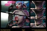 3d_(artwork) blue_hair bovid bovine cattle clothing comic dialogue digital_media_(artwork) english_text female hair hi_res jinsariakhavra latex latex_clothing mammal mayternity oura science_fiction text