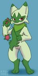 absurd_res anthro blush body_blush female floragato fur generation_9_pokemon genitals green_body green_fur hi_res mr.albafox nintendo pokemon pokemon_(species) pussy pussy_blush solo