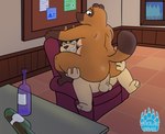 2024 absurd_res anal animal_crossing anthro balls big_butt brown_body butt canid canine detailed_background duo erection furniture genitals grolarbearsins hi_res inside male male/male mammal moobs nintendo nipples overweight overweight_male penis raccoon_dog sex sofa tanuki tom_nook_(animal_crossing)