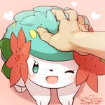 1:1 2023 absurd_res ambiguous_focus ambiguous_gender blue_eyes blush chibi cotora disembodied_hand duo elemental_creature feral flora_fauna flower_(anatomy) generation_4_pokemon happy heart_symbol hi_res high-angle_view kemono land_forme_shaymin legendary_pokemon looking_at_viewer looking_up nintendo one_eye_closed open_mouth open_smile petting pink_background plant pokemon pokemon_(species) shaymin shiny_pokemon simple_background smile solo_focus tan_body tan_skin