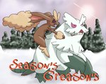 abomasnow ambiguous_gender anthro attack black_sclera brown_body brown_fur buckteeth cloud duo english_text evergreen_tree feral fight forest forest_background fur generation_4_pokemon green_body green_fur hi_res holiday_message holidays honoratacarnage lagomorph lopunny mammal man_after_man nature nature_background nintendo on_another's_shoulders pine_tree pink_eyes plant pokemon pokemon_(species) quadruped signature snow sun tan_body tan_fur teeth text tree white_body white_fur