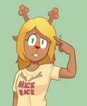 2023 anthro antlers blonde_hair breasts clothed clothing deer deltarune english_text female freckles gesture green_eyes hair hand_gesture hi_res hitsuji horn looking_at_viewer mammal new_world_deer noelle_holiday red_nose reindeer shirt simple_background small_breasts solo text text_on_clothing text_on_shirt text_on_topwear topwear undertale_(series) worried_look