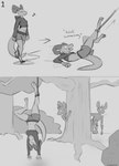 absurd_res ambiguous_gender anthro behind_tree biped bottomwear clothed clothing eyes_closed greyscale group hi_res hiding hotpants kobold lya_(jarnqk) mammal midriff monochrome mouse murid murine navel plant rodent scalie schmutzo shorts singing smile tail thick_tail trapped tree upside_down wide_hips wolf-breaker