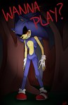 anthro blood blue_body blue_fur bodily_fluids clothing creepy creepypasta demonic dialogue emaciated english_text eulipotyphlan evil_grin footwear fur gloves gottagoblast handwear hedgehog horror_(theme) looking_at_viewer male mammal nightmare_fuel plant red_eyes sega sharp_teeth shoes smile solo sonic.exe sonic.exe_(creepypasta) sonic_the_hedgehog_(series) tail teeth text torn_clothing tree