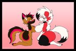 anthro big_breasts black_border border breasts canid canine canis clothing domestic_dog duo eyewear female female/female generation_7_pokemon german_shepherd glasses herding_dog legwear luvpup lycanroc mammal midnight_lycanroc nintendo pancake_(hindsy) pastoral_dog pokemon pokemon_(species) rectangular_glasses sharp_teeth stockings teeth toongstar