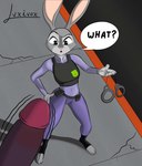 3_toes 4_fingers absurd_res anthro clothed clothing cuff_(restraint) disney duo english_text eyebrows feet female fingers fur genitals grey_body grey_fur grey_nose hi_res humanoid_genitalia humanoid_penis judy_hopps lagomorph leporid luxivox male mammal mostly_offscreen_character outside penis purple_penis rabbit raised_eyebrow restraints signature text toes zootopia