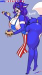 2024 4th_of_july 9:16 accessory aged_up american_flag anthro apron barefoot bent_over big_breasts blue_body blue_fur blue_hair blush bodily_fluids breasts burger canid canine clothing cross-popping_vein english_text fakeryway feet female food fox fur furgonomics green_eyes hair hi_res holding_food holding_object holidays hot_dog huge_breasts jewelry krystal_(star_fox) long_hair looking_at_viewer mammal mature_anthro mature_female multicolored_body multicolored_fur necklace nintendo nipple_slip nipples pink_nipples ring solo star_fox sweat tail tail_accessory tail_jewelry tail_ring text thick_thighs two_tone_body two_tone_fur united_states_of_america white_body white_fur