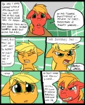 2012 angry applejack_(mlp) big_macintosh_(mlp) blonde_hair bodily_fluids brother_(lore) brother_and_sister_(lore) clothed clothing comic crying dialogue digital_media_(artwork) duo earth_pony english_text equid equine family female feral freckles friendship_is_magic fur green_eyes hair hasbro horse inside male mammal metal_(artist) my_little_pony orange_body orange_fur orange_hair plow_yoke pony protective red_body red_fur sibling_(lore) sister_(lore) tears text