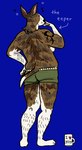 2024 3_toes absurd_res anthro arm_tattoo arrow_sign bent_arm black_nose blue_background body_hair boxers_(clothing) breasts brown_body brown_fur brown_tail bull_terrier butch_animal_(flockdog) butt canid canine canis clothed clothing colored container cup digital_drawing_(artwork) digital_media_(artwork) dipstick_tail domestic_dog english_text eyes_closed feet female female_anthro flockdog fur green_boxers green_clothing green_underwear hand_on_hip handpaw hi_res hunting_dog leg_hair mammal markings mug multicolored_body multicolored_fur pawpads paws pink_inner_ear pink_pawpads rear_view simple_background solo standing tail tail_markings tattoo terrier text text_on_mug thick_thighs tired toes topless topless_anthro topless_female trans_(lore) trans_woman_(lore) underwear whisker_spots white_body white_breasts white_fur white_tail_tip