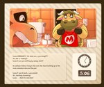 2024 absurd_res animal_crossing anthro ape bathroom biped blush bovid bovine brown_body cattle clothing detailed_background duo english_text gorilla haplorhine haxsmack hi_res louie_(animal_crossing) male mammal musclegut muscular nintendo primate shirt surprised text toilet topwear vic_(animal_crossing)