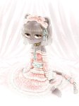 2017 accessory anthro clothing collar dress felid feline female frilly frilly_clothing frilly_underwear fur furgonomics futaba_channel garter grey_body grey_fur grey_hair hair hi_res jaguarundi jaguarundi-san maid_headdress mammal mouth_closed nijiura_maids pink_clothing pink_dress purple_eyes riiikuta sanpaku sitting solo tail tail_accessory tail_garter teal_ribbon underwear