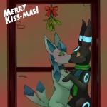 1:1 2019 blush christmas collar darknsfwindie duo eeveelution eyes_closed eyewear fan_character female feral freya_howell generation_2_pokemon generation_4_pokemon glaceon glasses hi_res holidays kaz_mercais kissing kissing_bough male mistletoe nintendo plant pokemon pokemon_(species) pokemon_mystery_dungeon scarf shiny_pokemon simple_background spike_chunsoft tail tail_motion tailwag umbreon wanderlust