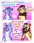 Rating: s
ID: 5630419
Date: 2025-06-09 06:28:25 -0400
Status: active
Score: 45
2025 anthro belly blue_body blue_fur blue_hair brown_body brown_fur canid canine cheek_tuft chest_tuft comic confusion couples dialogue duo emanata english_text exclamation_point facial_tuft felid female fox fur group hair head_tuft hi_res humor it's_pride_month_you_know_what_that_means kissing lgbt lgbt_pride lgbt_pride_month lion looking_at_another luckfoxo33 male mammal mane meme pantherine partners pink_background pride purple_body purple_fur question_mark relationship romantic romantic_couple silly silly_face simple_background simple_eyes smile speech_bubble tatum tatum_koenig text tolng trans_(lore) trans_man_(lore) trans_woman_(lore) tuft watermark white_belly yellow_body yellow_fur post #5630419
