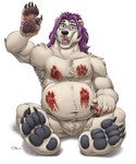 4_toes 5_fingers anthro anthro_pred arm_tuft armpit_tuft bear belly black_claws black_nose black_pawpads blood blood_on_belly blood_on_chest blood_on_fur blood_on_hand blood_on_stomach blue_eyes bodily_fluids body_hair bohor chest_tuft claws crotch_tuft digital_media_(artwork) digital_painting_(artwork) elbow_tuft eyebrows eyewear fangs feet fingers footprint fur gesture glasses hair happy_trail hi_res hindpaw implied_violence long_hair looking_at_viewer male male_pred mammal markings musclegut muscular navel neck_tuft open_mouth open_smile pawpads pawprint pawprint_(marking) paws polar_bear pred_focus purple_hair round_ears shaded sharp_teeth shoulder_tuft signature simple_background sitting sitting_on_ground slightly_chubby slightly_chubby_male smile smiling_at_viewer solo teaselbone teeth toe_claws toes tongue tuft ursine waving waving_at_viewer wavy_hair wearing_glasses white_background white_body white_fur white_fur_tuft