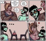 anthro anthro_on_anthro asinus beard border_collie cake canid canine canis chair collie comic dessert dialogue domestic_dog donkey duo english_text equid equine eyewear facial_hair food furniture glasses happy_birthday herding_dog horse kobu kobu_art male male/male mammal muscular muscular_anthro muscular_male pastoral_dog piercing sheepdog smile sparrow_(kobu_art) speech_bubble text