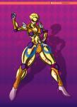 absurd_res breasts checkered checkered_background clothing crossgender english_text eyelashes fashion_show female gold_experience hi_res humanoid jojo's_bizarre_adventure legwear looking_at_viewer mtf_crossgender muscular muscular_female muscular_humanoid not_furry patreon patreon_logo patreon_username pattern_background pose purple_background rashchaos shadow simple_background solo stand_(jjba) text thigh_highs url