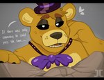 2023 absurd_res anthro bear black_bars black_sclera bulge clothed clothing dialogue digital_media_(artwork) duo ellipsis fingers first_person_view five_nights_at_freddy's fur golden_freddy_(fnaf) hat headgear headwear heart_symbol hi_res human jumpy_jackal letterbox male male_pov mammal necktie nightguard open_mouth scottgames security security_guard text white_eyes yellow_body yellow_fur