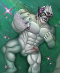 absurd_res anthro balls blush canid canine duckaphion enigma_(tas) eyes_closed fur genitals gesture green_sclera hand_gesture hand_on_pecs hi_res lifewonders machine male mammal mask muscular muscular_male nipples open_mouth partially_submerged pecs penis pink_eyes river robot solo tokyo_afterschool_summoners water white_body white_fur