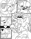 4:5 age_difference anthro bat blush butt camel_toe canid canine clothed clothing comic crotch_lick dialogue duo english_text female fox greenhill kissing_crotch male male/female mammal miles_prower monochrome null null_stimulation older_female rouge_the_bat sega sonic_the_hedgehog_(series) speech_bubble text topless topless_female younger_male