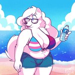 1:1 2024 anthro beach belly big_breasts bikini bikini_top bisexual_pride_colors bobby_(fluffy_gf) bottle bottomwear breasts canid canine canis cleavage clothed clothing container cutoffs denim denim_bottomwear denim_clothing domestic_dog eyewear female fluffygirlfriend fur glasses hi_res lgbt_pride mammal nordic_sled_dog plastic_bottle pride_color_bikini pride_color_clothing pride_color_swimwear pride_colors samoyed seaside shorts slightly_chubby slightly_chubby_anthro slightly_chubby_female solo spitz starry_eyes swimwear trans_(lore) trans_woman_(lore) transgender_pride_colors two-piece_swimsuit water_bottle white_body white_fur