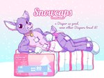 4:3 absurd_res advertisement animate_inanimate anthro antlers blue_background clean_diaper clothed clothing collar deer diaper diaper_creature diaper_package english_text fake_advertisement hi_res hooves horn lying male mammal on_side pink_background pink_body purple_body purple_eyes simple_background solo text wearing_diaper white_background yipthecoyotepup