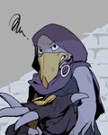 anthro avian beak bird clothed clothing coin crystaltaco7 foretales gloves handwear hi_res hood looking_at_viewer male medieval_clothing medieval_fantasy money offering_money purple_body solo stork volepain_(foretales)