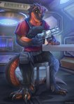 2019 angry anthro armor armory biped bulletproof_vest ceratosaurid ceratosaurus clothed clothing digital_media_(artwork) dinosaur drakainadawn fingerless_gloves futuristic futuristic_gun gloves grim_(grimsaurus) gun handgun handwear hi_res knee_pads male pistol prehistoric_species ranged_weapon reptile scalie science_fiction sign sitting solo spacecraft text theropod vehicle weapon