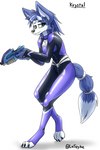 2:3 absurd_res anthro belt blue_body blue_fur canid canine clothing female fox fur gem green_eyes gun hi_res krystal_(star_fox) laspyke latex latex_clothing latex_skinsuit mammal markings nintendo purple_clothing purple_suit ranged_weapon ring_(marking) ringed_tail rubber_clothing serious simple_background skinsuit solo spacesuit star_fox striped_markings striped_tail stripes suit tail tail_markings tight_clothing weapon white_background white_body white_fur worried worried_look