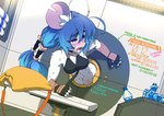 abdominal_bulge ahegao ambiguous_gender anthro blue_hair blush bra clothing female hair hi_res hole_in_wall jecbrush long_hair looking_pleasured mammal notched_ear ponytail rodent solo text through_wall underwear