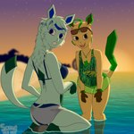 1:1 absurd_res anthro beach beach_background bikini blue_body blue_clothing blue_eyes blue_fur blue_hair bottomwear breasts brown_eyes clothing duo ear_piercing ear_ring eeveelution eyeliner eyewear female fur generation_4_pokemon glaceon green_body green_clothing green_fur hair hi_res jewelry leafeon lisa_devellis makeup marissa_reinhart necklace nintendo one-piece_swimsuit pattern_clothing piercing pokemon pokemon_(species) ring_piercing rock scoutthecat02 sea skirt small_breasts smile sunglasses sunset swimwear tan_body tan_fur thick_thighs towel towel_wrap two-piece_swimsuit water worried_look