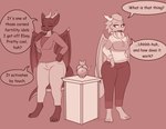 anthro big_breasts breasts bumpywish clothed clothing dialogue dragon duo english_text eyes_closed female fertility_idol hi_res monochrome mythological_creature mythological_scalie mythology petra_(highcaloriesand) pillar red_body rosa_(highcaloriesand) scalie speech_bubble standing tail text thick_thighs wings