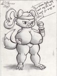 accessory anthro areola bandai_namco bandanna big_breasts boxing_gloves breasts canid canine canis claws clothing dialogue digimon digimon_(species) domestic_dog english_text fangs female floppy_ears fluffy fluffy_tail fur gaomon genitals graphite_(artwork) hand_on_breast handwear headband hi_res holding_breast huge_breasts kerchief looking_at_viewer mammal monochrome nipples nude open_mouth pen_(artwork) pencil_(artwork) pussy shaded short_stack simple_background smile solo speech_bubble standing tail tail_motion tailwag teeth text thick_thighs toe_claws traditional_media_(artwork) voy_barranca_abajo white_background wide_hips