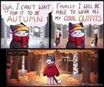 2022 anthro autumn autumn_leaves beanie clothing cold domestic_cat dot_eyes english_text eyes_closed felid feline felis fur glassshine hat headgear headwear hoodie humor leaf leaves_on_ground male mammal multicolored_body multicolored_fur nature plant scarf smile snow solo steve_(glassshine) sweater text thinking thought_bubble topwear tree winter