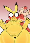 2024 absurd_res anthro blush carmella_(softestpuffss) colored comic eyewear generation_1_pokemon generation_3_pokemon glasses hi_res male moob_grab moobs nintendo overweight overweight_anthro overweight_male pikachu pokemon pokemon_(species) pokemon_mystery_dungeon softestpuffss spike_chunsoft spinda spinda_(softestpuffss) spiral_eyes thick_thighs