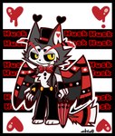 absurd_res anthro character_name chico clothed clothing demon domestic_cat dripping_heart feathered_wings feathers felid feline felis hat hazbin_hotel headgear headwear hi_res husk_(hazbin_hotel) male mammal smile solo suspenders umbrella wings