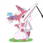 1:1 2013 ambiguous_gender bodily_fluids bow_tie canid canine crying dlrowdog eeveelution feral fur generation_6_pokemon humor mammal multicolored_body multicolored_fur nintendo pink_body pink_fur pokemon pokemon_(species) pokemon_amie simple_background solo stretching stylus sylveon tears tongue what white_body white_fur