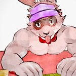 1:1 anothereidos_of_dragon_vein_r anthro athletic athletic_anthro baccarat_(anothereidos_r) blush bow_tie bow_tie_only facial_markings head_markings hi_res lagomorph leporid male mammal markings mask_(marking) mostly_nude nude poker_chip rabbit riotaro15 solo